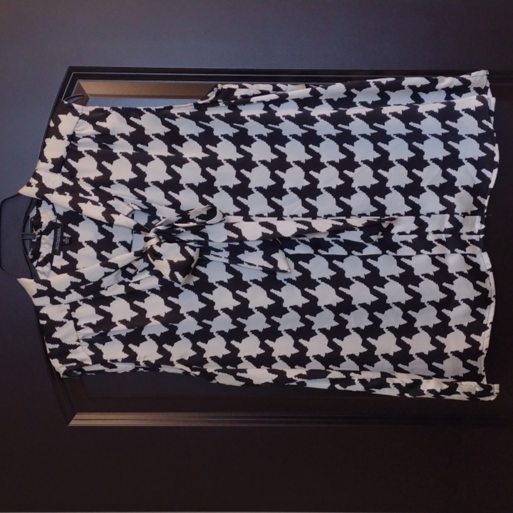 Notations Houndstooth Print 'Silk' Top with Pleated Front & Bow